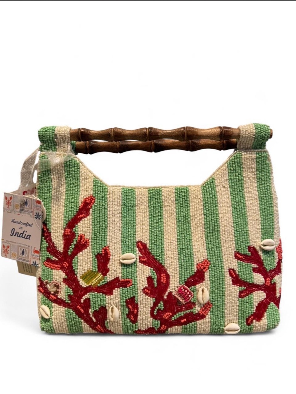 Made in India Green & white striped beaded clutch with coral and shell details